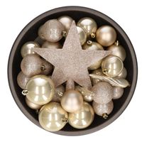 Set van 33x stuks kunststof kerstballen met ster piek parel/champagne mix - Kerstbal - thumbnail