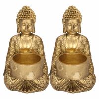 2x Zittende Boeddha waxinelichthouders goud 14 cm - thumbnail