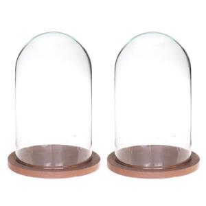 Decoratie stolp - Set van 2x stuks - glas - op houten plateau - 14 x 25 cm