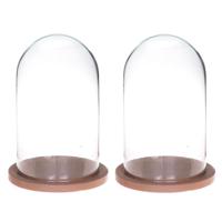 Decoratie stolp - Set van 2x stuks - glas - op houten plateau - 14 x 25 cm - thumbnail