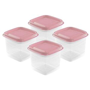 Vershoudbakjes Hega - set van 4x stuks - 0.7 liter - transparant/roze - L11 x B11 x H12 cm