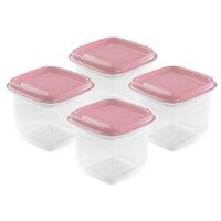 Vershoudbakjes Hega - set van 4x stuks - 0.7 liter - transparant/roze - L11 x B11 x H12 cm