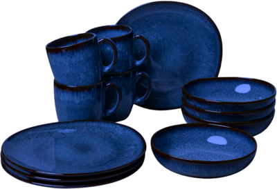 Villeroy & Boch Serviesset Lave - Blauw - 12-delig / 4 personen - 4 bekers met oor, 4 ontbijtborden en 4 diepe borden