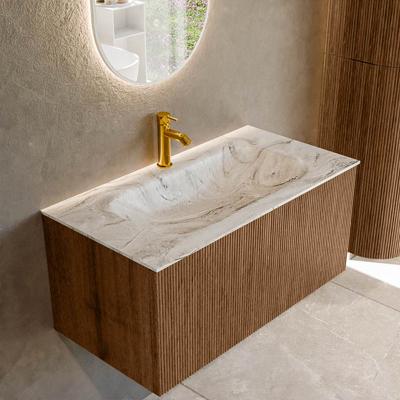 Badmeubel Mondiaz Kurve-Dlux | 90 cm | Meubelkleur Walnut | Wastafelkleur Glace | Solid surface | Midden spoelbak | 1 kraangat