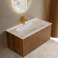 Badmeubel Mondiaz Kurve-Dlux | 90 cm | Meubelkleur Walnut | Wastafelkleur Glace | Solid surface | Midden spoelbak | 1 kraangat