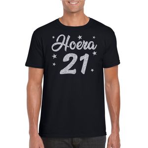 Hoera 21 jaar verjaardag cadeau t-shirt zilver glitter op zwart heren