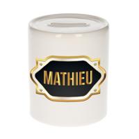 Spaarpot met voornaam Mathieu - wit - goud/zwart embleem - 8 x 9 cm - keramiek - afsluitdop