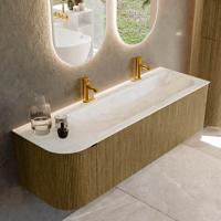 Badmeubel Mondiaz Kurve-Dlux | 145 cm cm | Meubelkleur Dusk | Wastafelkleur Ostra | Solid surface | Wasbak rechter zijde spoelbak | 2 kraangaten
