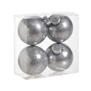 4x stuks kunststof kerstballen met glitter afwerking zilver 8 cm