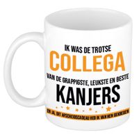 Trotse collega kanjers afscheidscadeau koffiemok / theebeker oranje en zwarte blokletters 300 ml