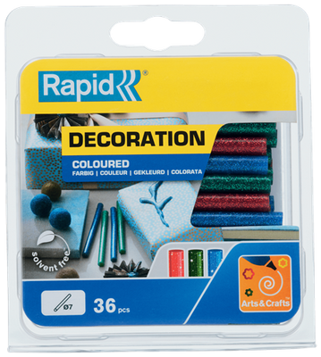 Rapid Lijmpatronen gekleurd | Glitter rood, groen en blauw | 7 mm x 90 mm | 36 stuks | Blister - 5001424