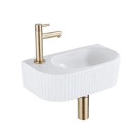 QeramiQ Fuente Fonteinset - 40x21.5x12cm - links - geribbeld - halfrond - 1 kraangat - keramiek - fonteinkraan geborsteld messing - afvoerplug - verlaagd sifon - wit mat SW1209547/SW696208/SW696218/SW696238