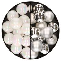32x stuks kunststof kerstballen mix van parelmoer wit en zilver 4 cm - Kerstbal - thumbnail