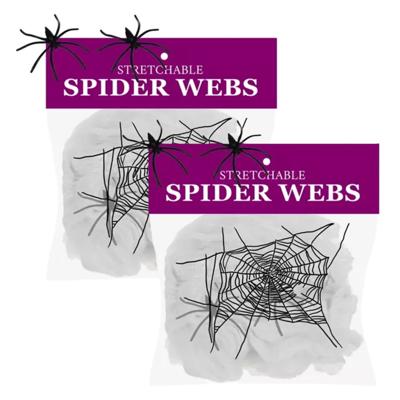 Decoratie spinnenweb/spinrag met spinnen - 2x - 60 gram - wit - Halloween/horror versiering