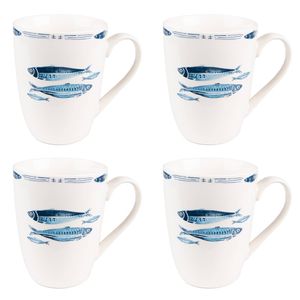 HAES DECO - Mokken set van 4 - 12x9x11 cm / 330 ml - met Vissen - Fishy Blue