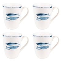 HAES DECO - Mokken set van 4 - 12x9x11 cm / 330 ml - met Vissen - Fishy Blue