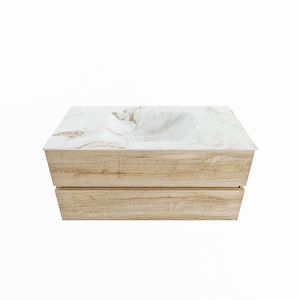 MONDIAZ VICA-DLUX 100cm badmeubel onderkast Washed Oak 2 lades. Inbouw wastafel CLOUD midden zonder kraangat, kleur Frappe.