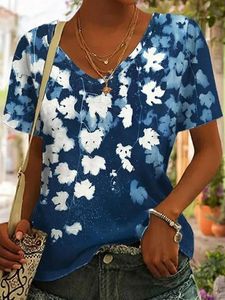 Casual Loose V Neck White Floral T-Shirt