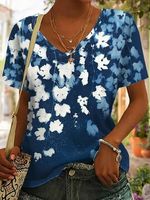 Casual Loose V Neck White Floral T-Shirt - thumbnail