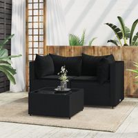 3-delige Loungeset met kussens poly rattan zwart - thumbnail