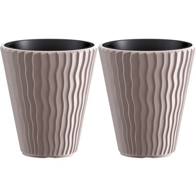 Plantenpot/bloempot Sand Waves - 2x - buiten/binnen - kunststof - beige - D39 x H43 cm