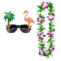 Tropische Hawaii party verkleed accessoires set - Funny zonnebril - en bloemenkrans groen/paars - thumbnail