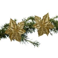 2x stuks kerstboom decoratie bloemen goud glitter op clip 23 cm - Kersthangers - thumbnail