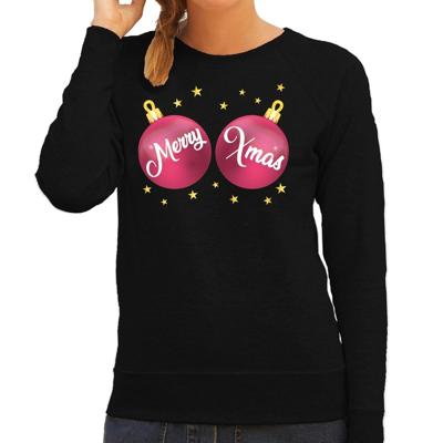 Foute kersttrui sweater - voor dames - zwart - met roze Merry Xmas ballen