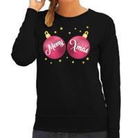 Foute kersttrui sweater - voor dames - zwart - met roze Merry Xmas ballen