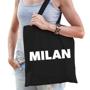 Milaan schoudertas zwart katoen met Milan bedrukking   -