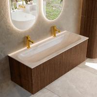 Badmeubel Mondiaz Kurve-Dlux | 120 cm | Meubelkleur Walnut | Wastafelkleur Meli | Solid surface | Wasbak midden spoelbak | 2 kraangaten
