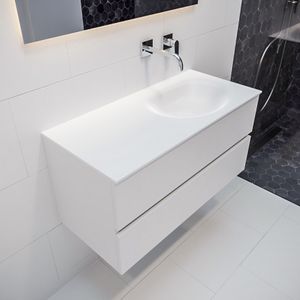 Mondiaz Vica Moon badmeubel wit mat 100 cm 2 lades solid surface enkele spoelbak rechts zonder kraangat