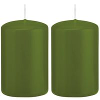 2x Kaarsen olijfgroen 5 x 8 cm 18 branduren sfeerkaarsen - Stompkaarsen - thumbnail