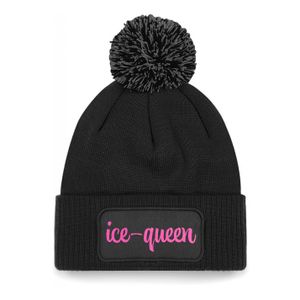 Wintersport muts met pompom - Ice Queen - zwart - roze glitters - one size - volwassenen - Apres ski