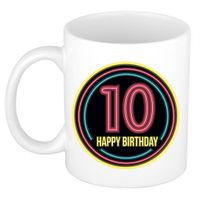 Verjaardag mok / beker - happy birthday 10 jaar - neon - 300 ml - verjaardagscadeau - thumbnail