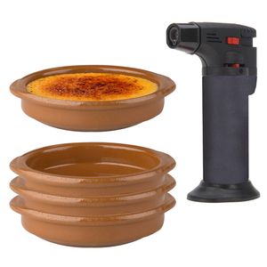 13-Delige creme brulee set met bruine schaaltjes en een grijze brander