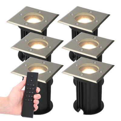 Set van 6 Ramsay LED Grondspots vierkant buiten - Dimbaar - GU10 - 2700K warm wit - 4 Watt 345 lumen - Tuinspot - RVS - IP67 waterdicht - Incl. Afstandsbediening