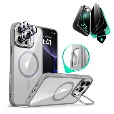 iPhone 16 Pro Classic Hybrid Magnetic Case (Camera Control, Stash Stand) & Privacy Screen Protector Bundle - Clear Grey