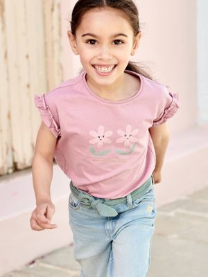 Meisjes-T-shirt met iriserend motief en korte mouwen met ruches zachtpaars