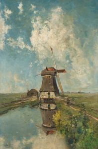 Canvas schilderij Een molen aan een poldervaart