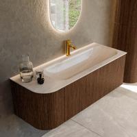 Badmeubel Mondiaz Kurve-Dlux | 125 cm | Meubelkleur Walnut | Wastafelkleur Meli | Solid surface | Wasbak rechter zijde spoelbak | 1 kraangat