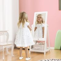 360° Draaibare Kindervloerspiegel met Stoffen Opbergbak Passpiegel met Stermotief 2 Haken voor Kinderkamer Speelkamer Wit