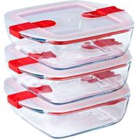 Set van 3 lunchboxen - PYREX - Cook & Heat - Glas - Vierkant - Deksel met stoomventielen, speciaal voor magnetron - 1 L