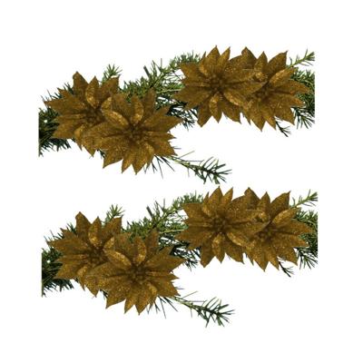 Kerstboomversiering Bloemen - 8x stuks - 9 cm - goud glitter - op clip