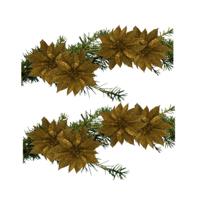 Kerstboomversiering Bloemen - 8x stuks - 9 cm - goud glitter - op clip