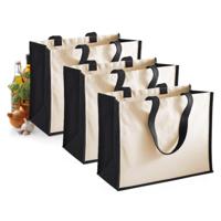 Jute katoenen boodschappentas - 3x stuks - zwart/natural - 44 x 33 x 19 cm - 20 liter - draagtas