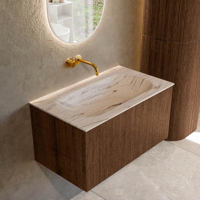 Badmeubel Mondiaz Kurve-Dlux | 80 cm | Meubelkleur Walnut | Wastafelkleur Nata | Solid surface | Wasbak midden spoelbak | Zonder kraangat(en)