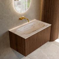 Badmeubel Mondiaz Kurve-Dlux | 80 cm | Meubelkleur Walnut | Wastafelkleur Nata | Solid surface | Wasbak midden spoelbak | Zonder kraangat(en)