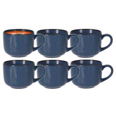 Soepkom Fishbone - 6x - blauw - 12 x 9 cm - keramiek - kommetjes met oor - 560 ml