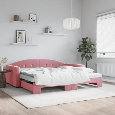 Slaapbank onderschuifbed en matrassen 100x200 cm fluweel roze